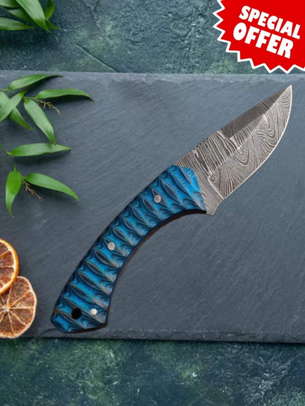 Hand-Forged Damascus Chef Knife - Artistic Blue Wave Wood Handle & Sheath